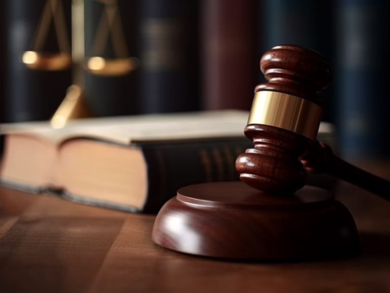 The desk of a judge, with a gavel, bible, and the scales of justice. This is where you may end up if you sign a Confession of Judgment (COJ).