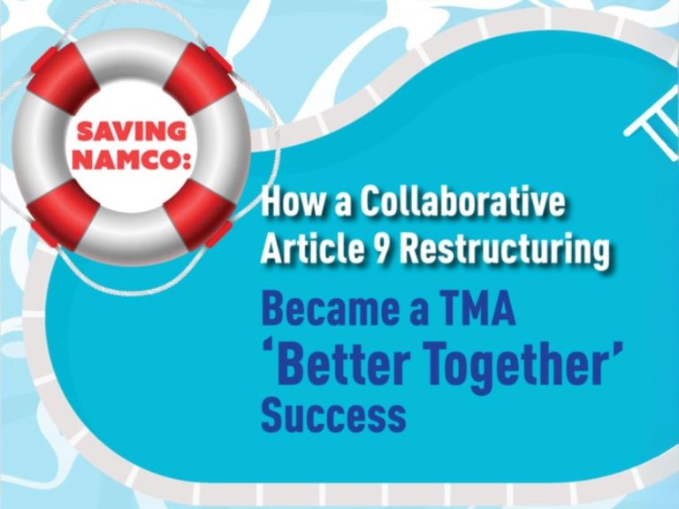 Graphic titled “Saving NAMCO: How a Collaborative Article 9 Restructuring Became a TMA ‘Better Together’ Success.” The design features a red and white life preserver on a light blue background with stylized pool water and a curved white pool edge, symbolizing rescue and collaboration.