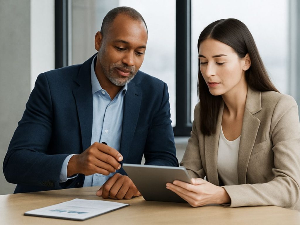 A CEO and manager review data together in a modern office, representing transparent communication and trust inside a flat organization.