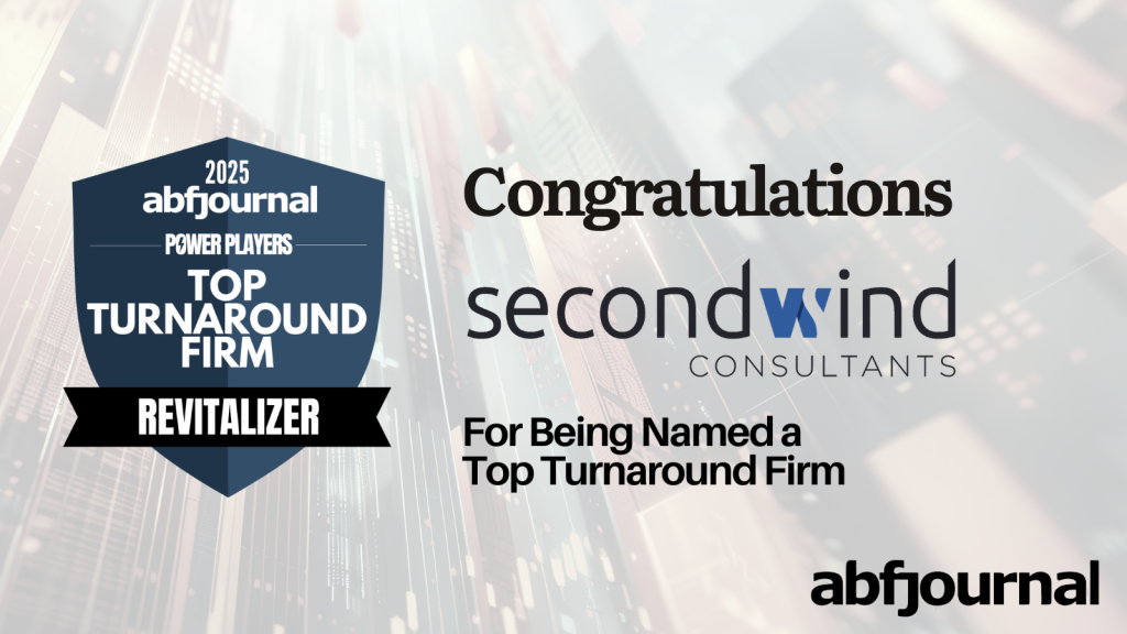 A graphic announcing that Second Wind Consultants has been named a 2025 ABF Journal Power Players Top Turnaround Firm in the Revitalizer category. The left side shows a blue shield-style badge with the text “2025 abfjournal Power Players Top Turnaround Firm Revitalizer.” The right side reads “Congratulations Second Wind Consultants For being named a Top Turnaround Firm,” with the ABF Journal logo at the bottom.
