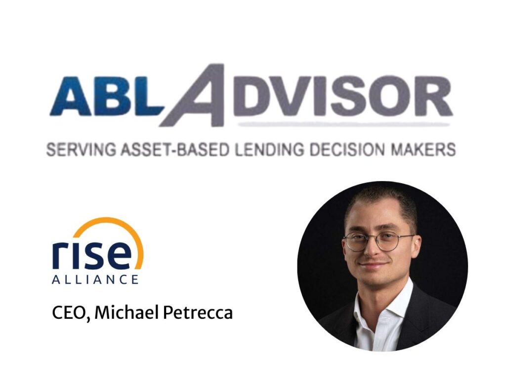 ABL Advisor logo above the Rise Alliance logo, alongside a professional headshot of Michael Petrecca wearing glasses and a suit jacket, labeled CEO, Michael Petrecca.