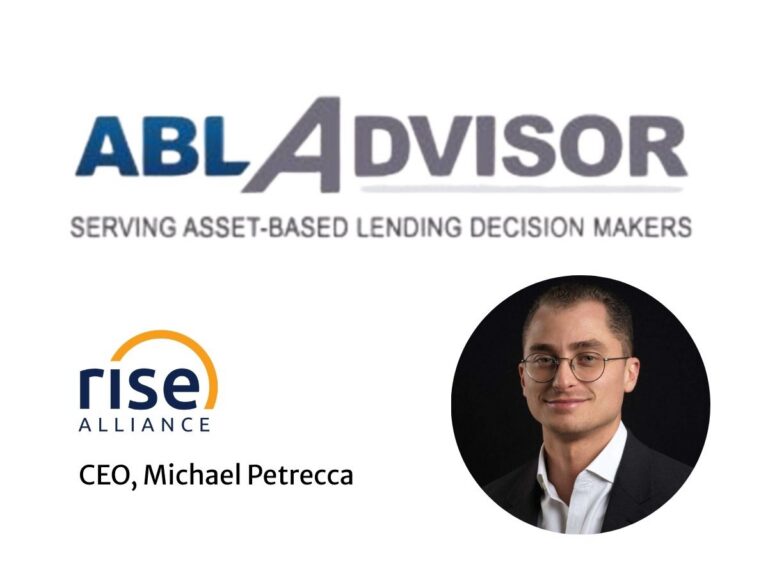 ABL Advisor logo above the Rise Alliance logo, alongside a professional headshot of Michael Petrecca wearing glasses and a suit jacket, labeled CEO, Michael Petrecca.